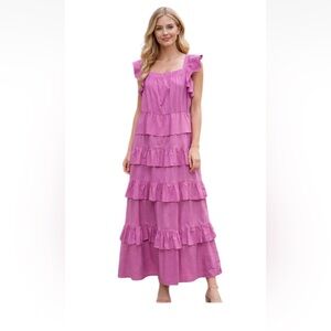 Rachel Parcell Maxi Tiered Ruffle Dress Pink Women's Size 14 Sleeveless Cotton